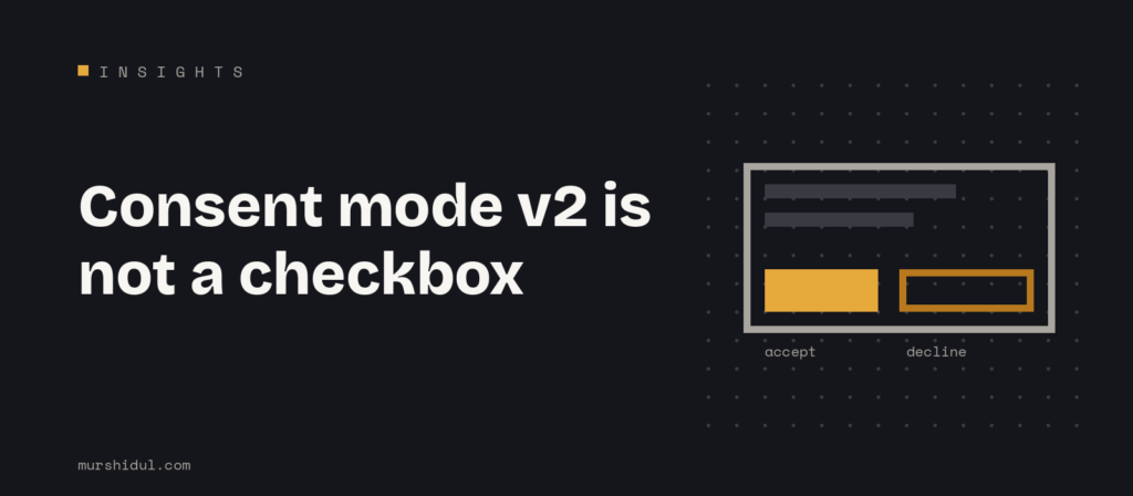 Insights banner: Consent mode v2 is not a checkbox, with a cookie banner showing accept and decline buttons